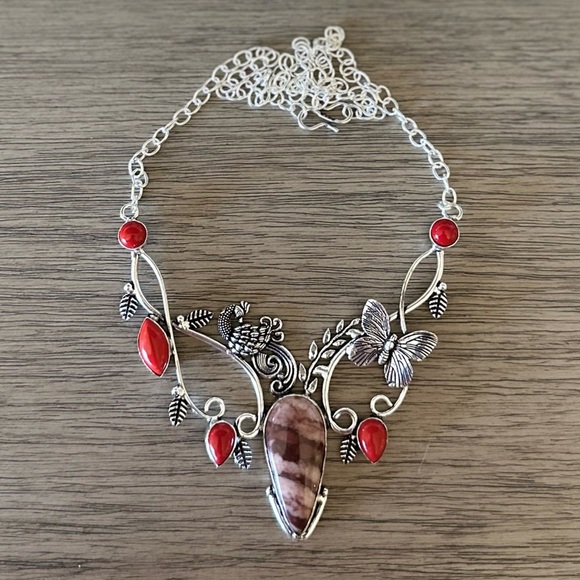 Hand Crafted Jewelry - 0632 Hand Crafted Silver & Red Peacock Statement Necklace with Filigree Accents